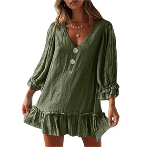 Womens Ruffle Peasant Dress V Neck 3/4 Sleeve Front Button Flowy Dress Beach Sundress Linen A Line Summer Mini Dress Babydoll Dress - 1 of 4