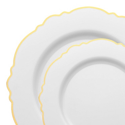 Smarty Had A Party White w/ Gold Rim Blossom Plastic Dinnerware Set - 120 Sets