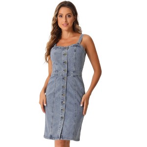 Allegra K Women's Button Down Sweetheart Neckline Sleeveless Summer Knee Length Denim Bodycon Sundress - 1 of 4