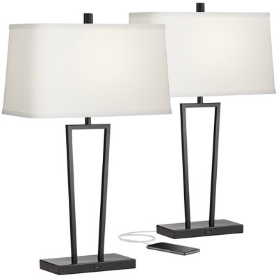 360 Lighting Modern Table Lamps 27" Tall Set of 2 with USB Charging Ports Black Metal White Rectangular Shade Living Room Bedroom Bedside