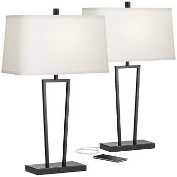 360 Lighting Cole Modern Table Lamps 27" Tall Set of 2 Black Metal with USB Charging Ports White Rectangular Shade for Bedroom Living Room Bedside