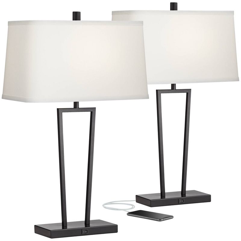 360 Lighting Cole Modern Table Lamps 27" Tall Set of 2 Black Metal with USB Charging Ports White Rectangular Shade for Bedroom Living Room Bedside, 1 of 8