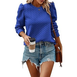 Women's Round Neck Puff Sleeve Sweater - Cable Knit Casual Pullover for Fall & Winter - 1 of 4
