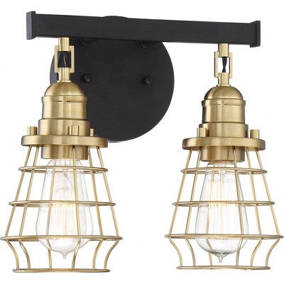 12" Black and Satin Brass Industrial Cage Wall Sconce