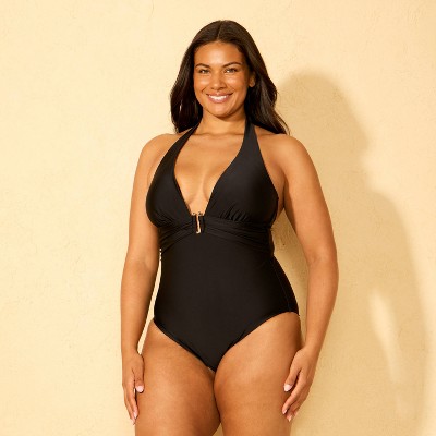 Shade & Shore Women's U-Wire Halter Plunge Full Coverage One Piece Swimsuit - Shade & Shore™ Black M — фото 3