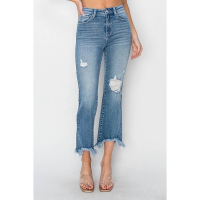 Women's High Rise Fray Hem Ankle Bootcut Jeans - RISEN