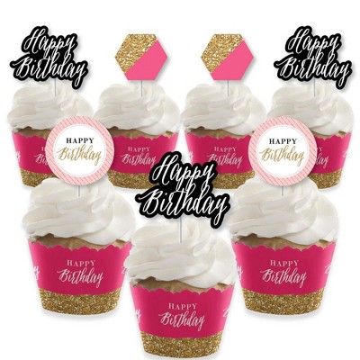 Big Dot of Happiness Chic Happy Birthday - Pink, Black and Gold - Cupcake Decoration - Birthday Party Cupcake Wrappers and Treat Picks Kit - Set of 24