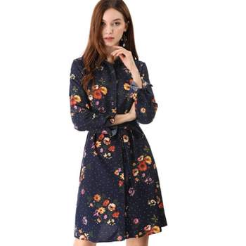 Allegra K Women's Lapel Button Down Belted Above Knee Vintage Polka Dots Floral Shirt Dress