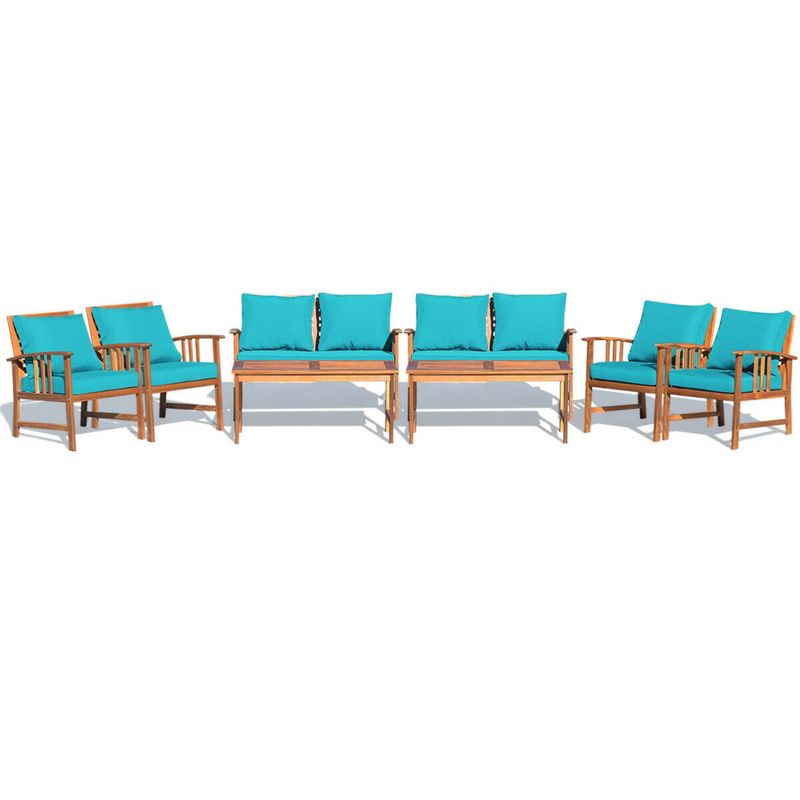Tangkula 8pcs Wooden Patio Furniture Set Table & Sectional Sofa w/ Turquoise Cushion, 1 of 11