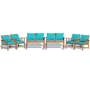 Tangkula 8pcs Wooden Patio Furniture Set Table & Sectional Sofa w/ Turquoise Cushion