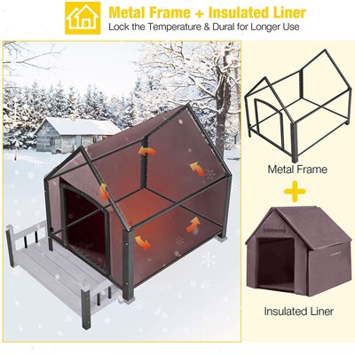 Large Brown Insulated Wooden Dog House with Elevated Floor
