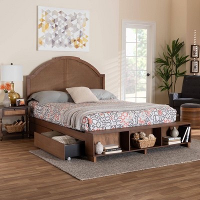 Walnut Brown Queen Bed with Rattan Headboard and Storage Drawers