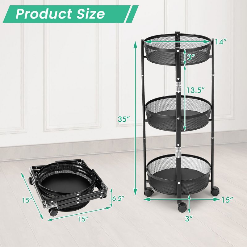 Tangkula 3-Tier Rotating 1-Second folding Storage Rack Metal Rolling Utility Cart Round, 3 of 11