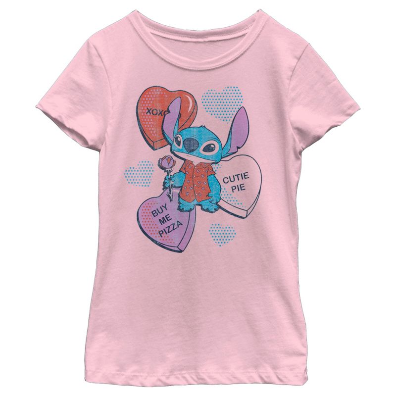 Girl's Lilo & Stitch Valentine's Day Candy Hearts T-Shirt, 1 of 5