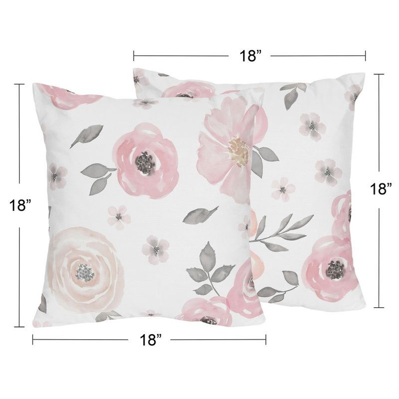 Sweet Jojo Designs Set of 2 Decorative Accent Kids' Throw Pillows 18in. Watercolor Floral Pink and Grey, 4 of 6