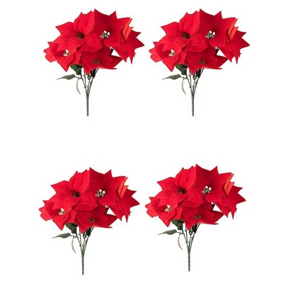 Juvale 4 Pack Artificial Red Poinsettia Flowers for Christmas Decorations