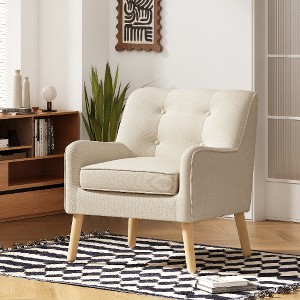Lyngins Mid-Century Modern Tufted Accent Chair with Birch Wood Legs & Extra Padded Cushion, Comfy Armchair, Retro Sofa Chair for Living Room/Office - 1 of 4