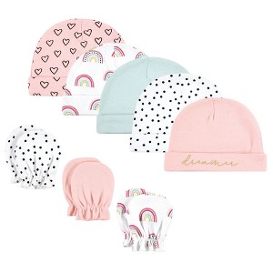 Hudson Baby Infant Girls Cotton Cap and Scratch Mitten Set, Modern Rainbow, 0-6 Months - 1 of 4