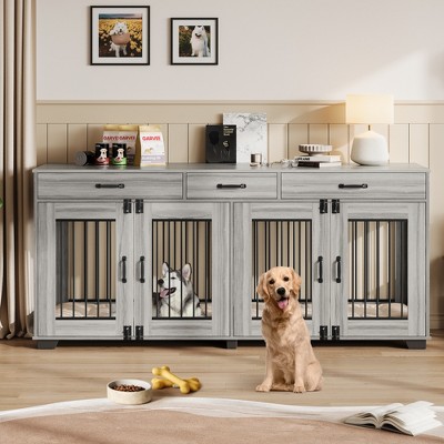 COZONY 71" Dog Crate Furniture for 2 Dogs, Wooden Double Crate with Divider Doors Large Indoor Dog Kennel TV Stand End Table for Large Medium Breeds