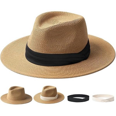 Fisfet Panama Hat Sun Hats for Women Men Wide Brim Fedora Straw Beach Hat UV UPF 80+