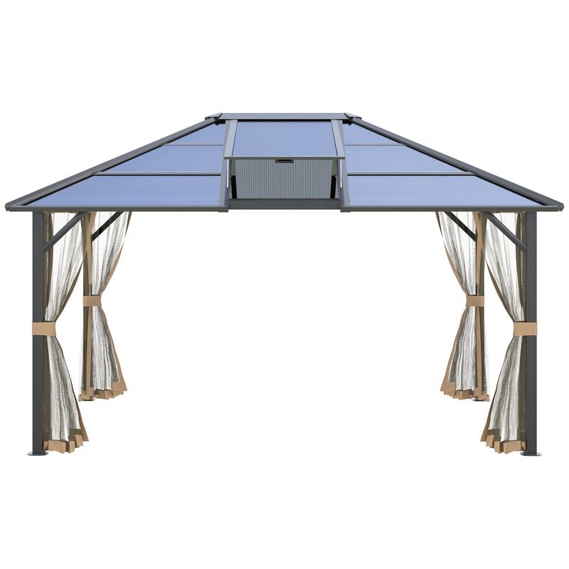 Outsunny Hardtop Polycarbonate Gazebo Canopy Aluminum Frame Pergola with Top Vent and Netting for Garden, Patio, Grey, 5 of 7