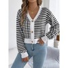 Womens Cardigan Color Block Striped Button Front Lantern Sleeve V Neck Short Cardigan Sweater Black S - 2 of 4