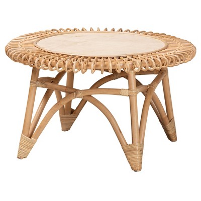 Elani 31" Natural Brown Round Rattan and Wood Coffee Table