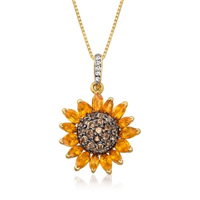 Ross-Simons 1.70 ct. t.w. Citrine, .80 ct. t.w. Smoky Quartz and .10 ct. t.w. White Topaz Sunflower Pendant Necklace in 18kt Gold Over Sterling Size