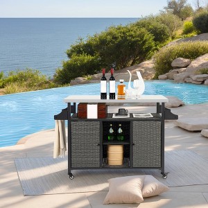 Outdoor Wicker Bar Cart, Island Rolling Cart with Stainless Steel Top, Patio Serving Cart, Beverage Bar Counter Table for Backyard Garden Poolside - 1 of 4