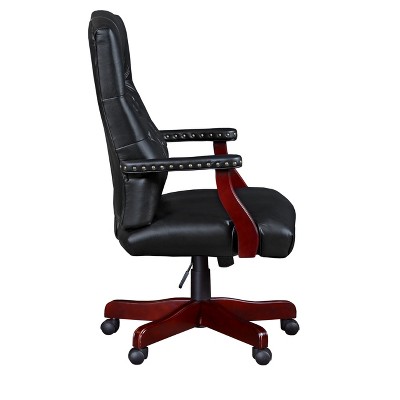 Executive High-Back Black Leather Swivel Chair with Mahogany Frame