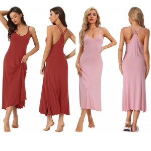 INSPIRE CHIC Women's 2 Pcs Pajama Dress Sleeveless Backless Full Slip Camisole U Neck Midi Nightgowns - 1 of 4