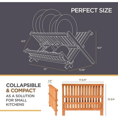 Natural Bamboo Foldable Dish Drying Rack with Cup Holder
