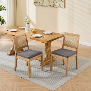 PAGED French Decor Chairs Set of 2 Upholstered Dining Chairs with Square Rattan Backrest and Exquisitely Carved Wood Frame for Living Room - 1 of 4