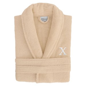 Linum Home Textiles 100% Turkish Cotton Unisex Personalized Terry Bathrobe Beige in White Bookman Font - 1 of 2