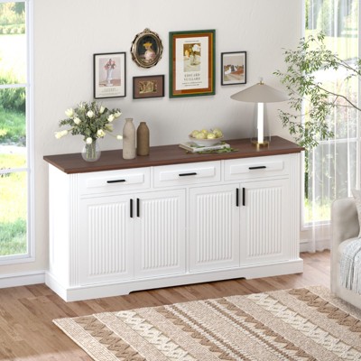 KWPZQEB Modern Buffet Sideboard Cabinet, 63" Fluted Buffet Cabinet with 3 Drawers and Adjustable Shelves, Farmhouse Coffee Bar for Dining Room
