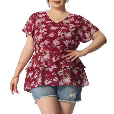 Agnes Orinda Women's Plus Size V Neck Short Sleeve Floral Print Tiered ...