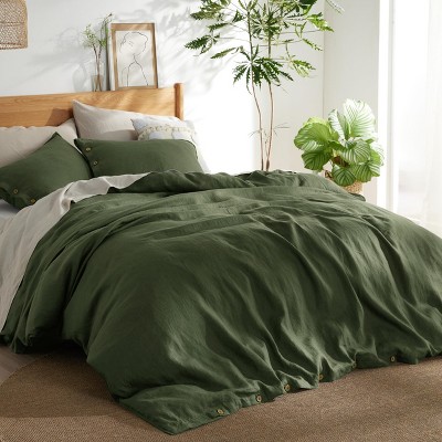 3 Pieces Linen Soft & Cozy Duvet Cover Linen Cotton Blend Bedding Set Tropical Plants Beige Color Cooling Bedding