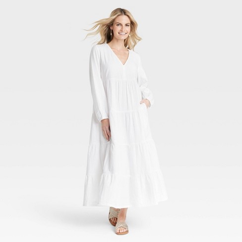 Women's Long Sleeve Maxi Tiered Gauze Dress - Universal Thread™ White ...