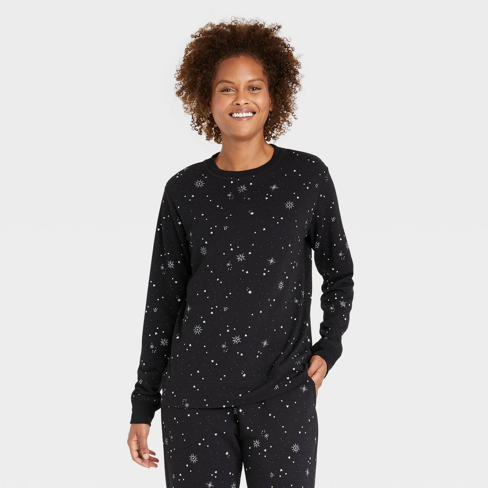 Women's Star Print Beautifully Soft Fleece Lounge Sweatshirt - Stars Above Black M