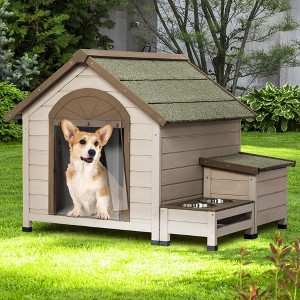 Outdoor Dog House, Wooden Dog Kennel with 2 Bowl & Storage Box, Pet Shelter Kennel with Curtain & with Raised Feet for Small Medium Dogs - 1 of 4