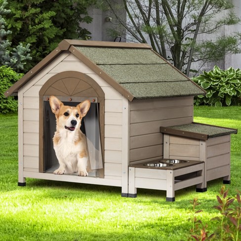 Outdoor Dog House Wooden Dog Kennel With 2 Bowl Storage Box Pet Shelter Kennel With Curtain With Raised Feet For Small Medium Dogs Target