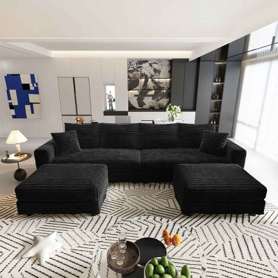 102.4 Inch Convertible Lounge Sofa with 2 Ottomans, 4-Seat Cloud Couch with Cushions, Corduroy Lounge Sofa with Wood Frame-Coolbibila