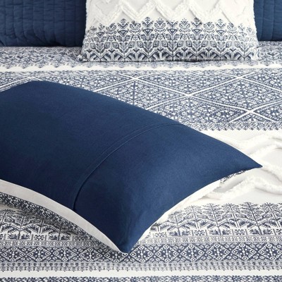 Full/Queen Navy Cotton Duvet Cover Set with Chenille Tufting