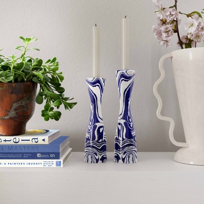 Blue and White Swirl Iron Resin Hourglass Candlestick