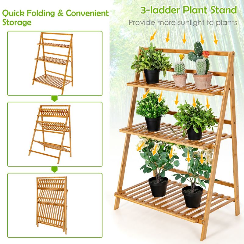 Costway Bamboo Ladder Plant Stand 3-Tier Foldable Flower Pot Display Shelf Rack Natural, 3 of 10