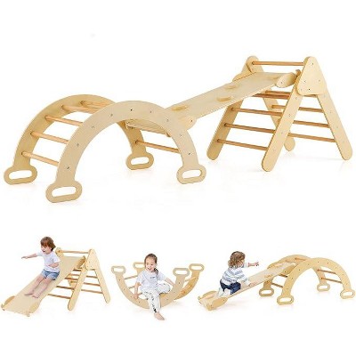 Costzon Climbing Toys for Toddlers, 5-in-1 Foldable Montessori Arch Climber with Slide Ramp, Multi-Combo Wooden Triangle Play Gym Set