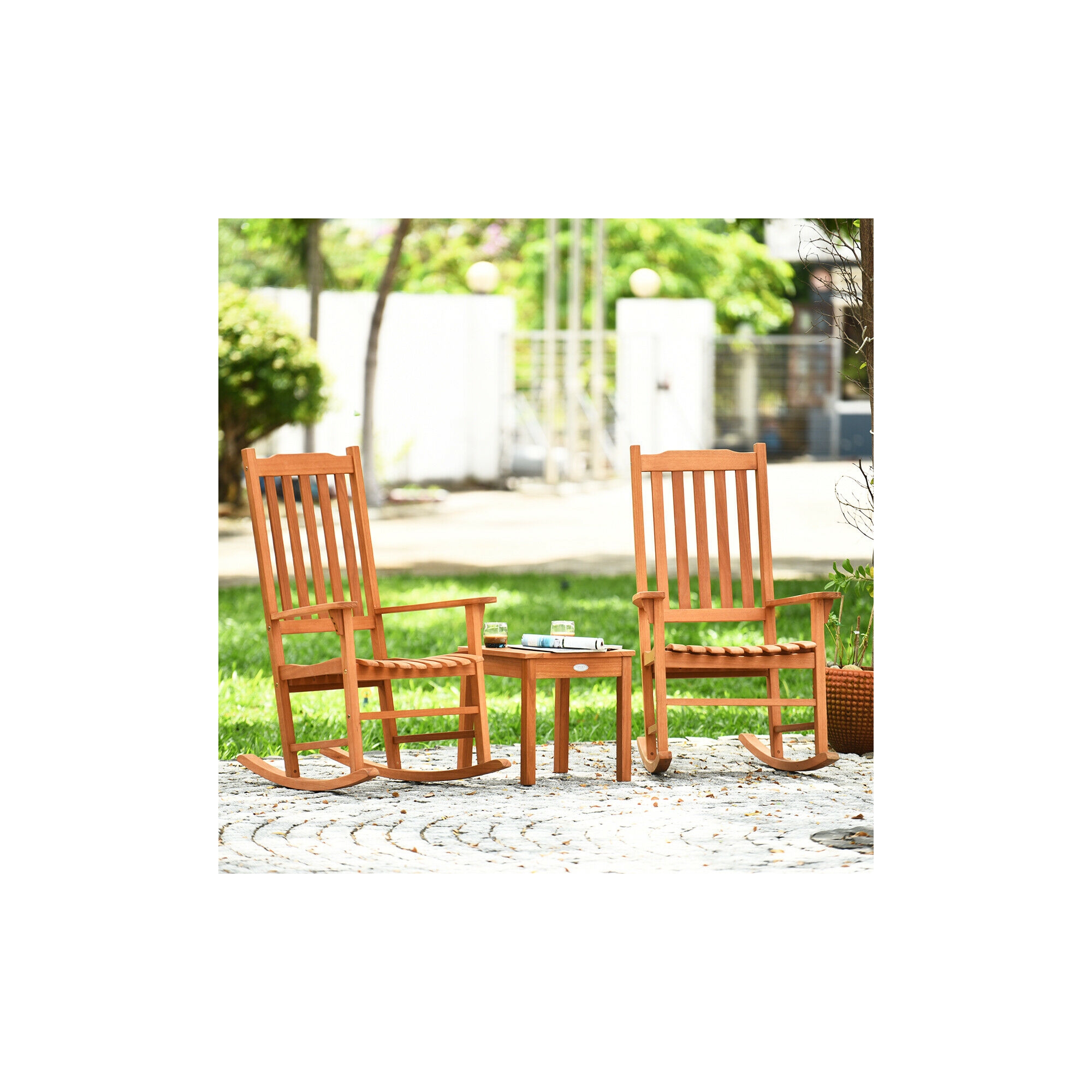 Costway 3 PCS Eucalyptus Rocking Chair Set W/ Coffee Table 2 Wood Conversation Chairs