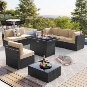 LayinSun 8 Piece Patio Furniture Set with 44" Propane Gas Fire Pit Table, Outdoor Sectional Conversation Set Wicker Rattan Sofa Set - 1 of 4