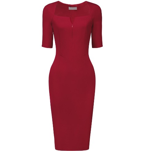Hobemty Women's Square Neck Zip Front Short Sleeve Work Sheath Dresses Red  Large : Target