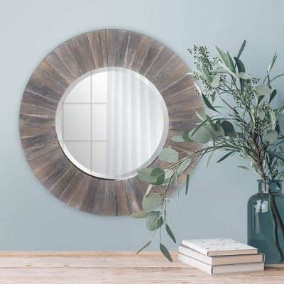 Small Round Gray Rustic Wood Wall Mirror with Beveled Glass